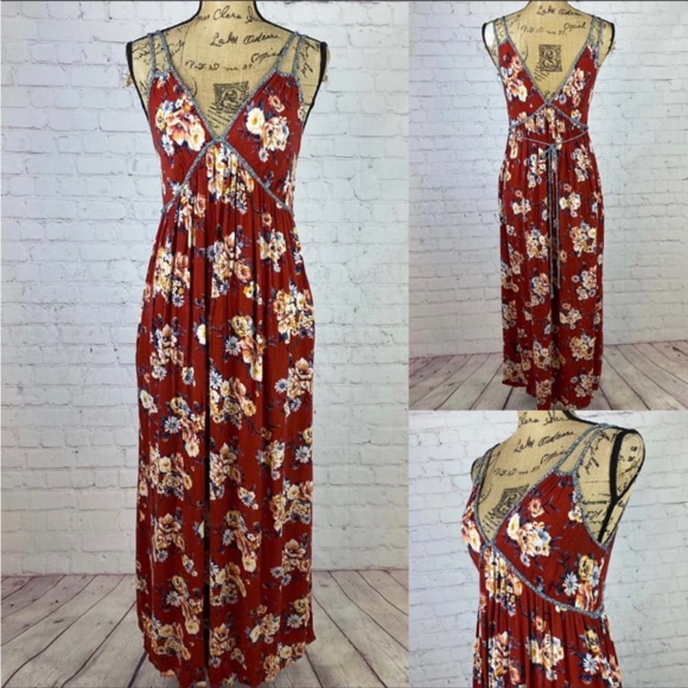 Xhilarations Crinkly Rust Floral Print Cami Double Strap Maxi